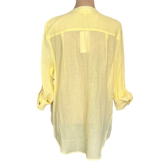 NWT 100% Cotton Tunic Top  Sz.L Pastel Yellow Crinkle V-Neck Minimalist Cottage - Picture 2 of 12